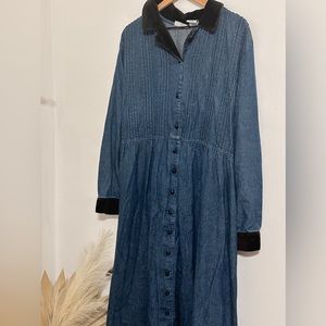 Vintage denim dress with velvet trim